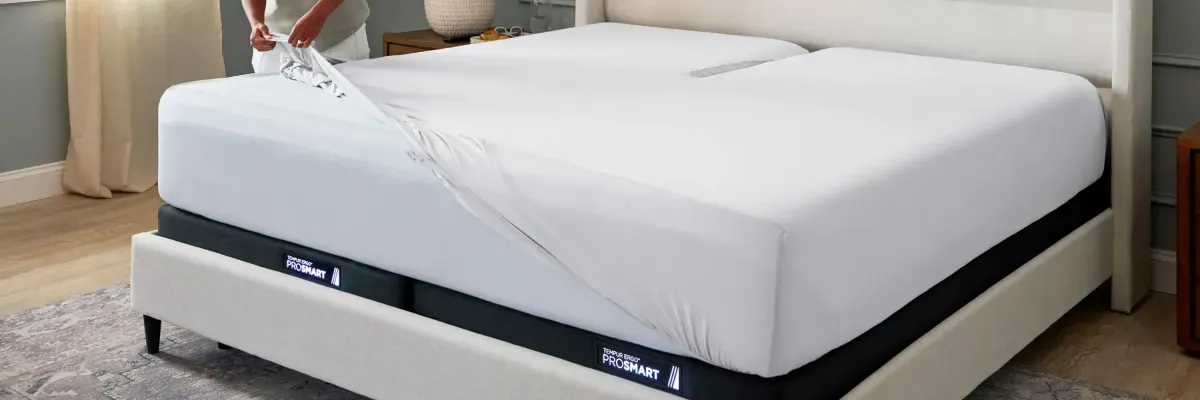 Person placing white Tempur-Pedic cooling sheets on a mattress for comfortable, temperature-regulated sleep.